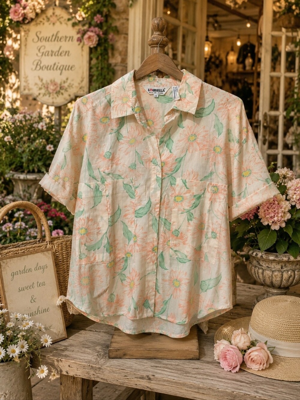 Vintagw LouBella Floral Short-Sleeve Button-Up Top in Peach & Mint Size 12